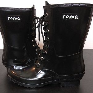 Roma Womens Short Black Lace Up Rain Boots